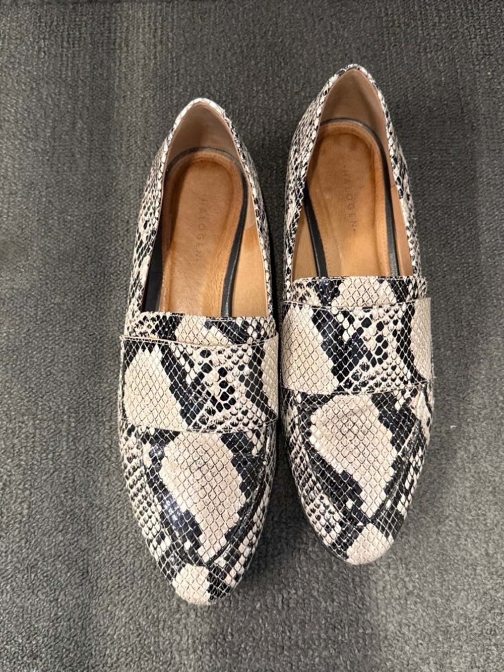 Halogen Black and Cream Snake-Print Loafers